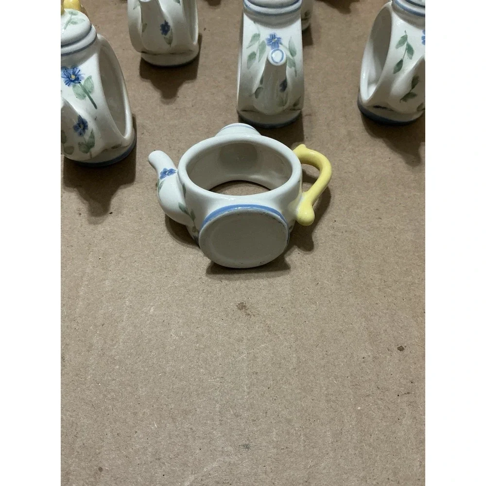 10 Vintage Pfaltzgraff Shelby Perennials Teapot Napkin Rings White Blue Yellow